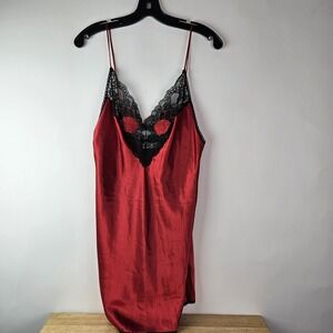 Vintage Val Mode Red Black Satin Lace Trimmed Chemise Nightgown Lingerie Medium